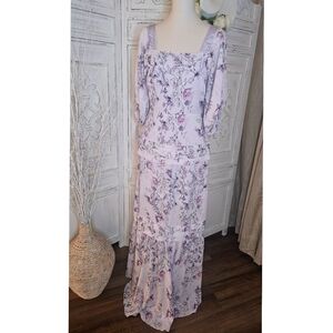 Prose & Poetry Lavander Floral Off Shoulder Romantic Chiffon Maxi Dress